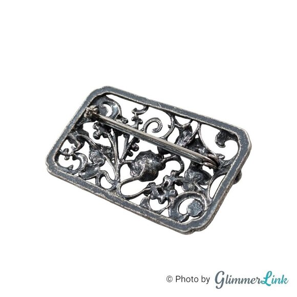 VTG Art Nouveau Style Rectangular Floral Ornate Rhinestone Silver Tone Brooch - Picture 6 of 9